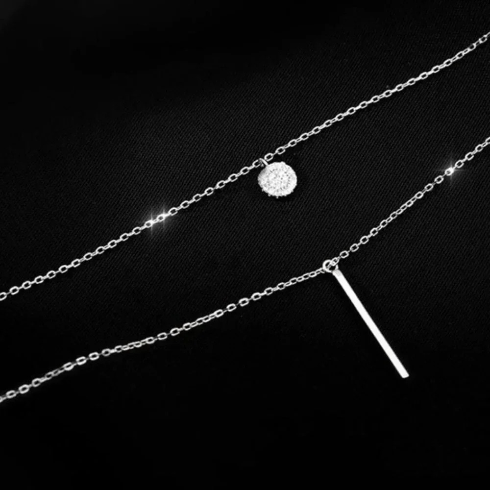 925 Sterling Silver Coin & Bar Layered Dainty Minimalist Chain Necklace - Picture 6 of 8